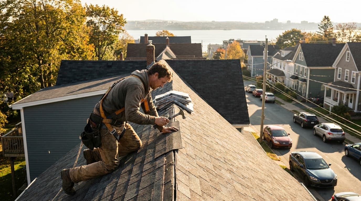 A roofer kneeling on a sloped shingle roof nailing down shingles, with the Halifax harbour and skyline in the background