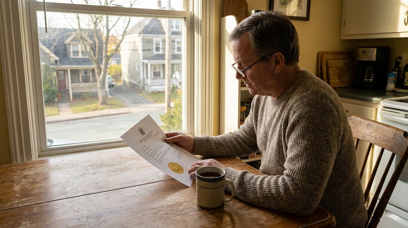 An older homeowner at a kitchen table reading an official certificate with a gold seal, a mug of tea beside him and older Halifax homes through the window