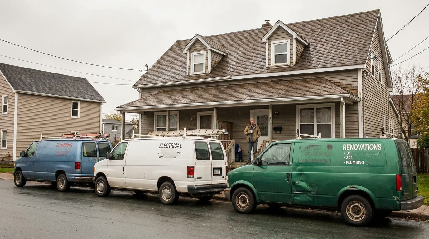 Three contractor vans labelled plumbing, electrical and renovations parked in a row outside a house, with a person standing on the porch