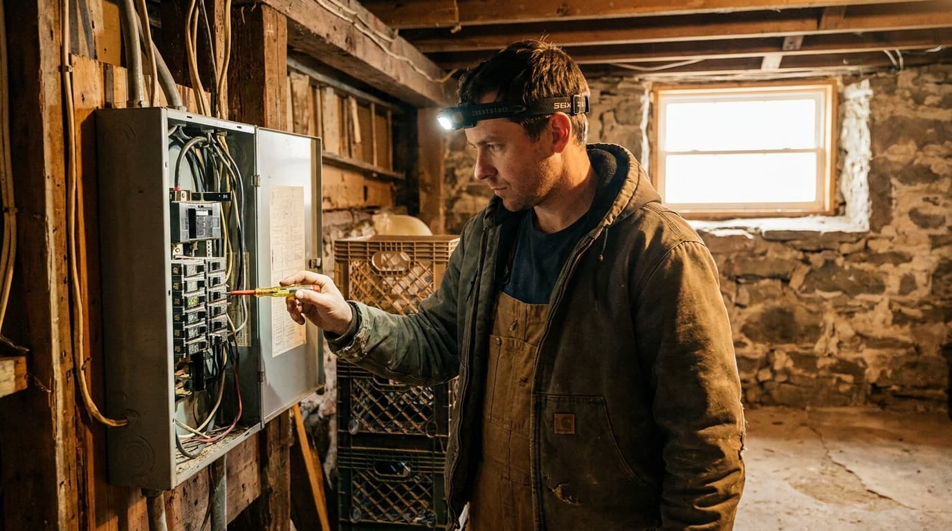 An electrician wearing a headlamp inspecting an open electrical panel in the stone-walled basement of an older home