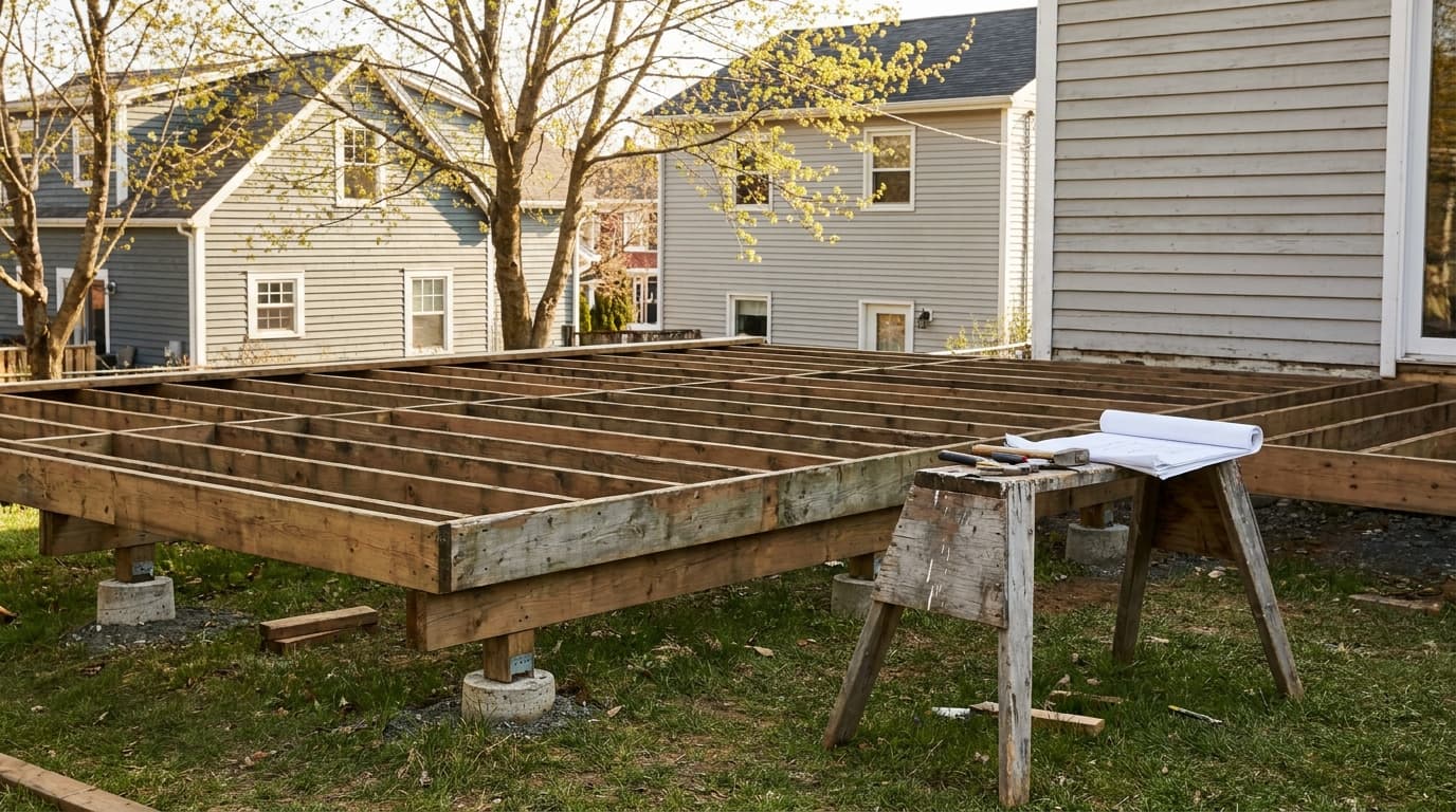 A newly framed deck under construction in a backyard, the floor joists in place and a roll of plans on a sawhorse, with neighbouring homes behind