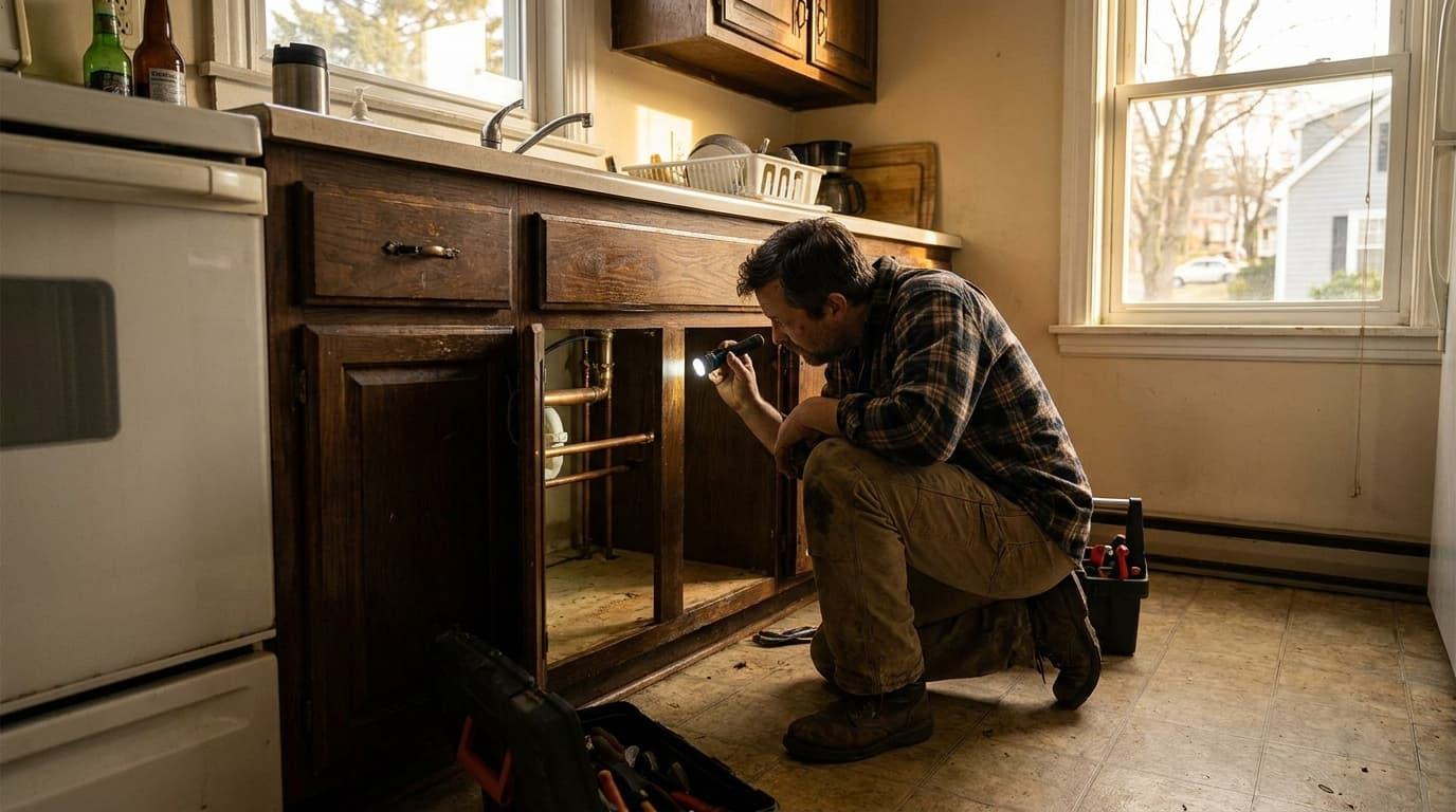 A plumber kneeling in an older Halifax kitchen, using a flashlight to inspect the pipes under the sink with an open toolbox beside him
