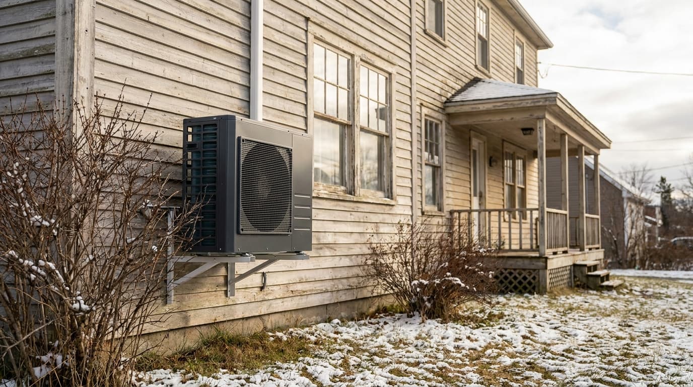 An outdoor cold-climate heat pump unit mounted on the side of an older clapboard home in Nova Scotia, with snow on the ground
