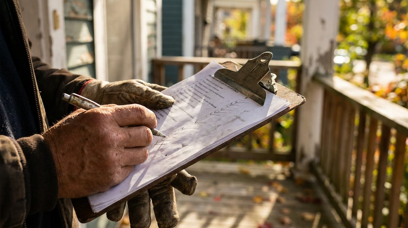 A tradesperson in work gloves filling out a paper inspection checklist on a clipboard, on the porch of an older Halifax home
